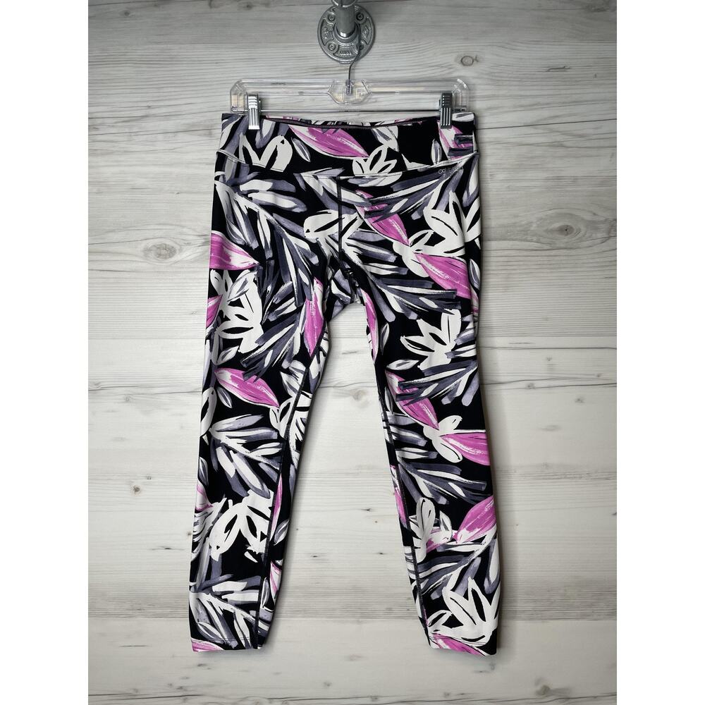 Calvin‎ Klein Performance Leggings Womens Large Black Pink Leaf Print Gym Yoga